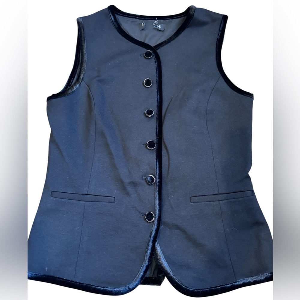 Black Tailored Vest Velvet Trim Button Front Minimalist Waistcoat
